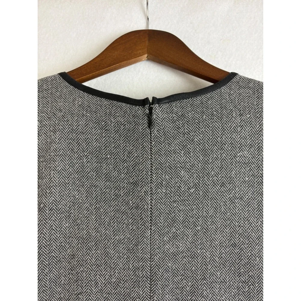 Lauren Ralph Lauren Women Gray Herringbone Sleeveless Dress Faux Leather Trim 2X